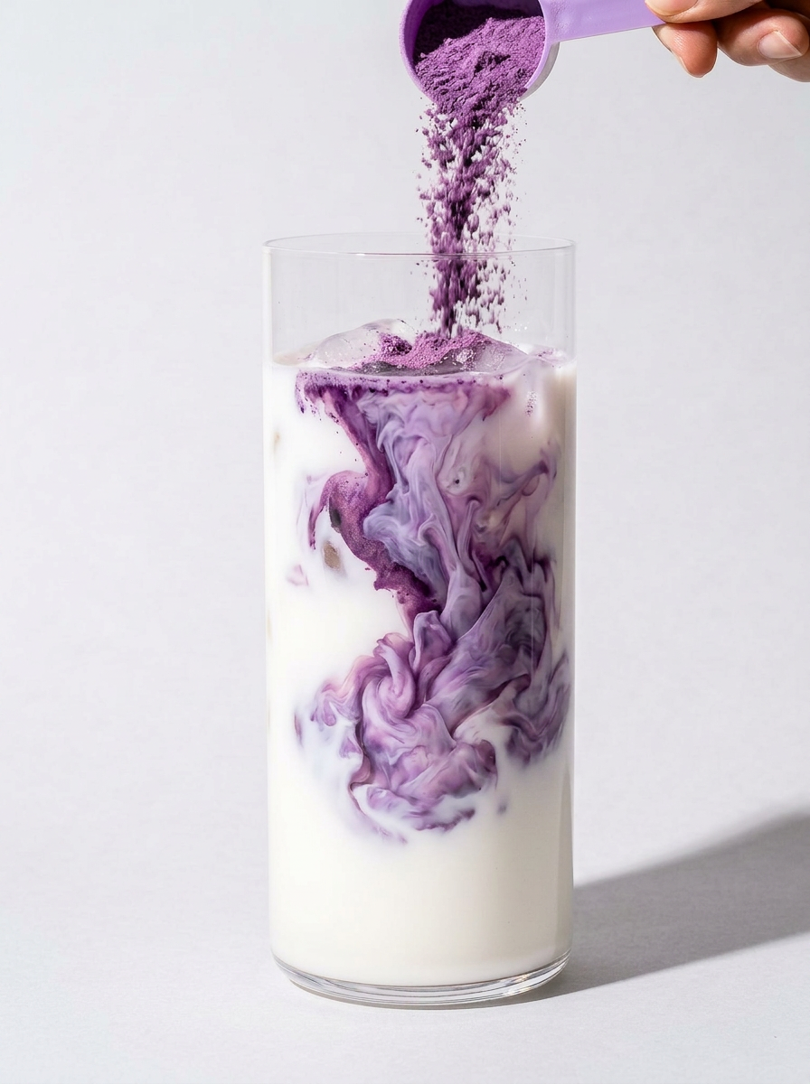 Woman pouring UBurn violet powder into a glass of water
