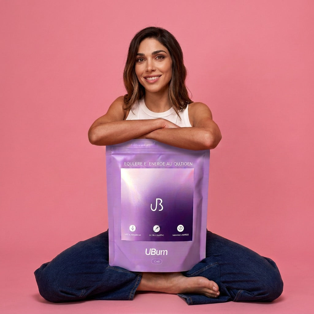 UBurn lavender pouch beside tall glass of violet ube latte