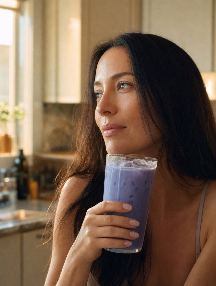 Calm woman holding an iced violet ube latte in a warm-lit kitchen at dusk