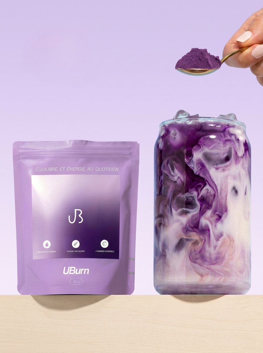 Creamy milk pouring into a glass, violet swirl in motion