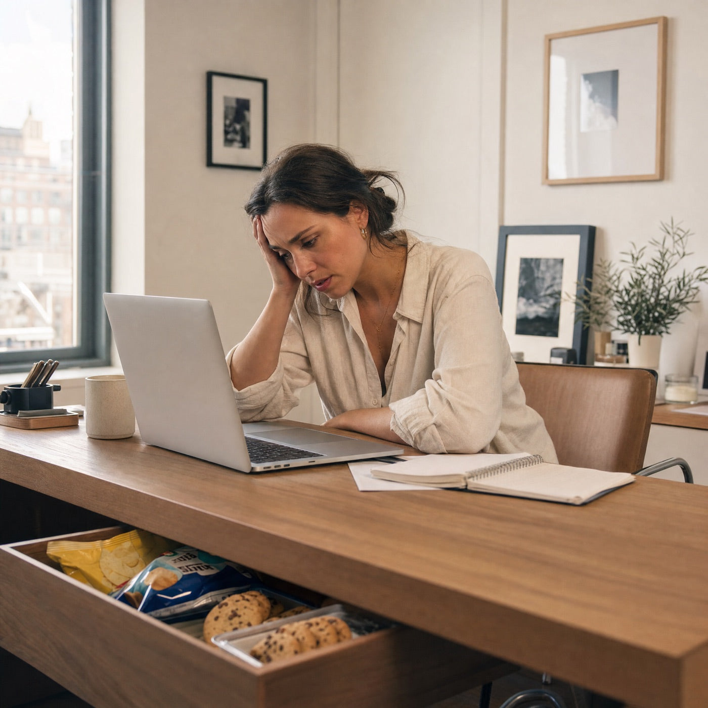 Stressed woman at her desk, snack drawer open — before UBurn