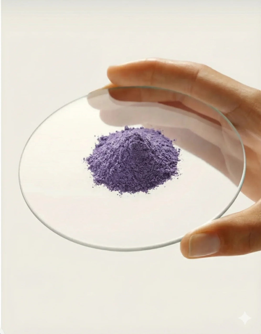 Hand holding a glass petri dish with a small mound of violet ube powder, cream editorial background