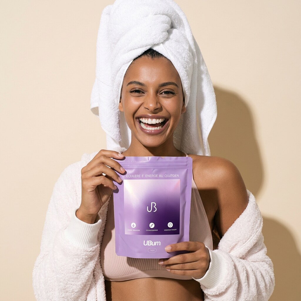 Woman holding a glass of iced violet ube latte next to the UBurn pouch and a spoon of powder, warm morning light