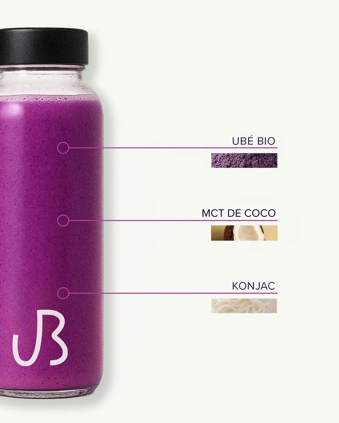 Real glass UBurn 500ml bottle with key ingredients: organic ube, coconut MCT, konjac